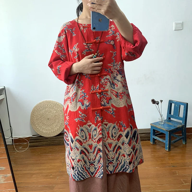 

Chinese style dragon print cotton and hemp coat female spring and autumn retro Chinese style buckle flax outside