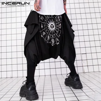 

Mens Harem Pants Printed Streetwear Punk Elastic Waist Drop-crotch Trousers 2020 Joggers Baggy Men Calf-length Pants INCERUN 5XL