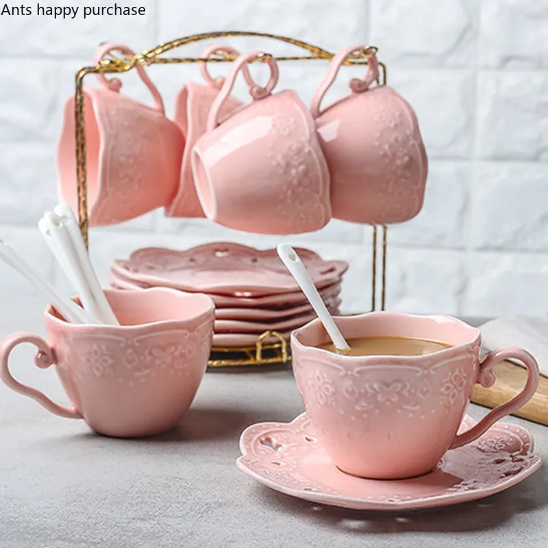 Household Ceramic Six Sets of Tea Sets White Pink European Style Coffee Cup Set Afternoon Tea Tea Cup with Saucer with Spoon