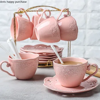 

Household Ceramic Six Sets of Tea Sets White Pink European Style Coffee Cup Set Afternoon Tea Tea Cup with Saucer with Spoon