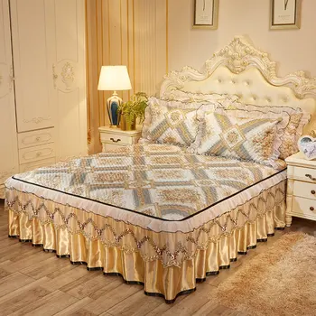

Summer Printed Ice Silk Lace Bed Cover Set Double Queen King Size Bedspread Quilted Zippered Sleeping Fitted Sheets 3 pcs New
