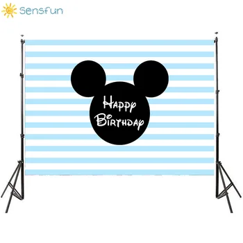

Sensfun Photography Studio Background Mickey Mouse Theme Vinyl Banner Blue White Stripes Boy Birthday Party Photo Backdrops 7X5
