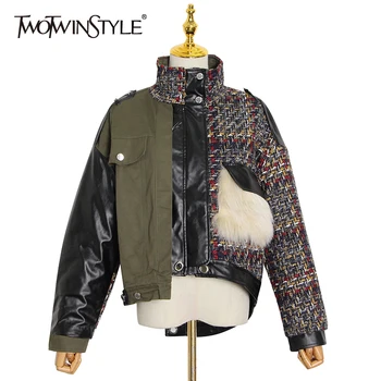 

TWOTWINSTYLE Splicing Fluff PU Leather Jacket For Women Turtleneck Long Sleeve Casual Jackets Female 2020 Autumn Fashion New