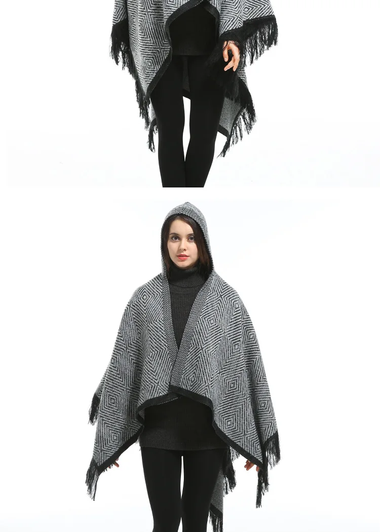 All-Match Winter Women Oversize Knitted Caps Poncho Tassel Thick Sweaters Casual Scarf Batwing Sleeve Jumper Plaid Sleeveless