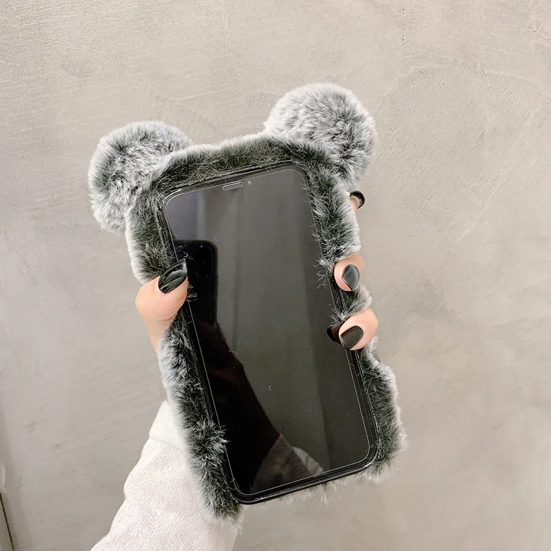 Amocase for Samsung Galaxy A01 CORE/M01 CORE Faux Furry Case with 2 in 1 Stylus,Luxury Bling Diamond 3D Bowknot Cute Winter Warm Black Bunny Rabbit Fuzzy Fluffy Plush Soft Fur Silicone Case