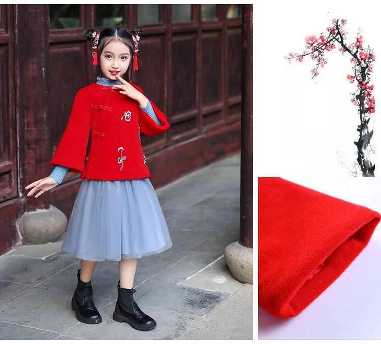 Красное зимнее шерстяное детское платье Hanfu, китайское Новогоднее платье, хлопковый костюм Ципао, Длинные вечерние платья, вечернее платье