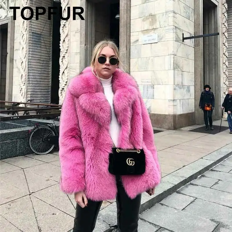 Пальто из натурального меха высшего качества для женщин, зимняя куртка из натурального Лисьего меха с воротником, модное толстое теплое пальто из натурального меха розового цвета