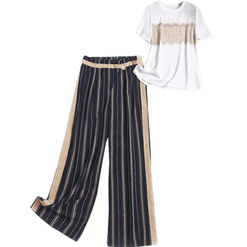 

2020 Summer New Striped Pant Women Set Fashion Beading Patchwork Tops T-shirts and Pants Female Two Piece Sets Tide