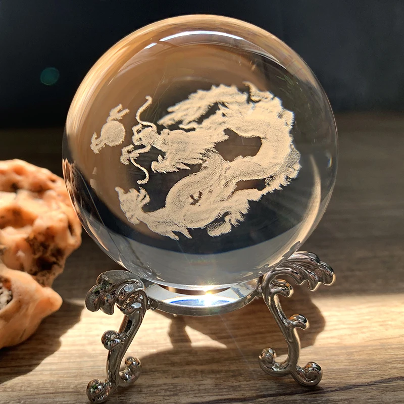 

H&D 60mm 3D Laser Engraved Crystal Dragon Ball Clear Glass Fengshui Healing Ball Paperweight for Home Buddhism Decoration Gift