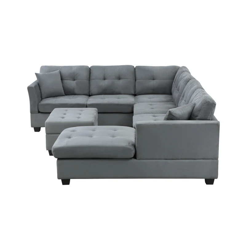 Sectional Sofa with Two Pillows, U-Shape Upholstered Couch with Storage Ottoman for Living Room Apartment