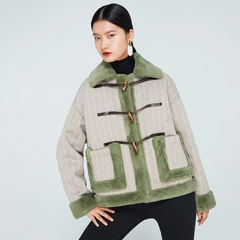 

Vintage Striped Patchwork Wool Women's Coat Lapel Collar Long Sleeve Hit Color Casual Jacket Female 2019 Winter New