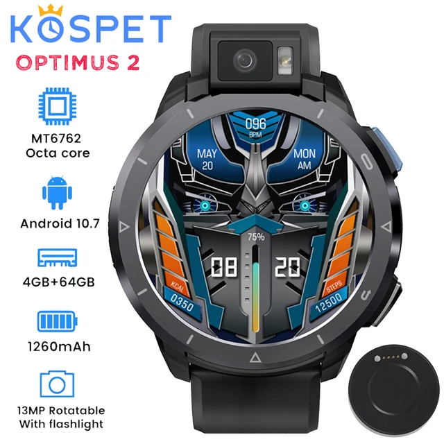KOSPET Optimus 2 Android 10.7 Smart Watch Men 4GB 64GB 13MP Camera Heart Rate Monitor 2260mAh 4G Watch Phone WiFi GPS Smartwatch 1