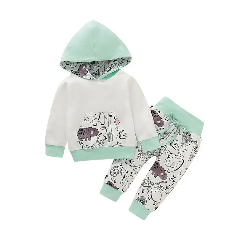 Newborn Baby Boy Girl Clothes Long Sleeve Animal Printed Hooded Top Pants Tracksuit Outfit Autumn