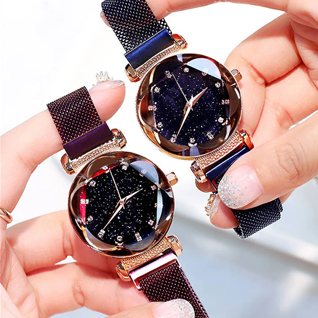 Лидер продаж женские с магнитом пряжка звездное небо Алмазный часы класса люкс Женские Нержавеющая сталь кварцевые часы в подарок часы