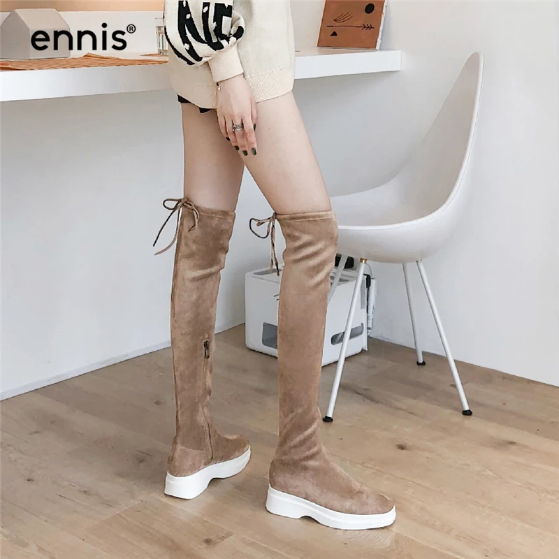 ENNIS/брендовые сапоги на платформе; женские Сапоги выше колена; растягивающиеся зимние сапоги; женская черная обувь из флока на молнии со шнуровкой; модная обувь; L929
