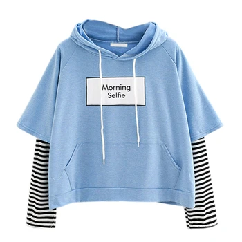 

Kawaii Hoodies Morning selfie moletom Women Striped Patchwork Hoodies Sweatshirts With Front Pocket crop top hoodie