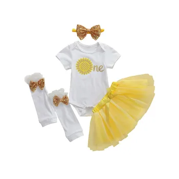 

Summer Baby Girls 4Pcs Outfit Short Sleeve Sunflower Letter Romper Mesh Skirt Leggings Bow Headwear Set 0-12M