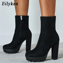 EilyKen/модные женские ботильоны на высоком каблуке с круглым носком; осенне-зимние ботинки на платформе с квадратным каблуком и молнией; Цвет Черный; размеры 41, 42