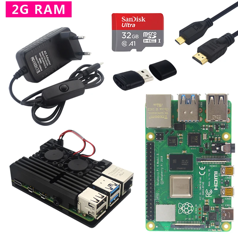 Комплект 2 Raspberry Pi 4 Модель B комплект двойной вентилятор Алюминиевый Чехол+ переключатель адаптер питания+ Micro HDMI кабель+ 32 ГБ sd-карта для Pi 4 4B - Комплект: Комплект 2