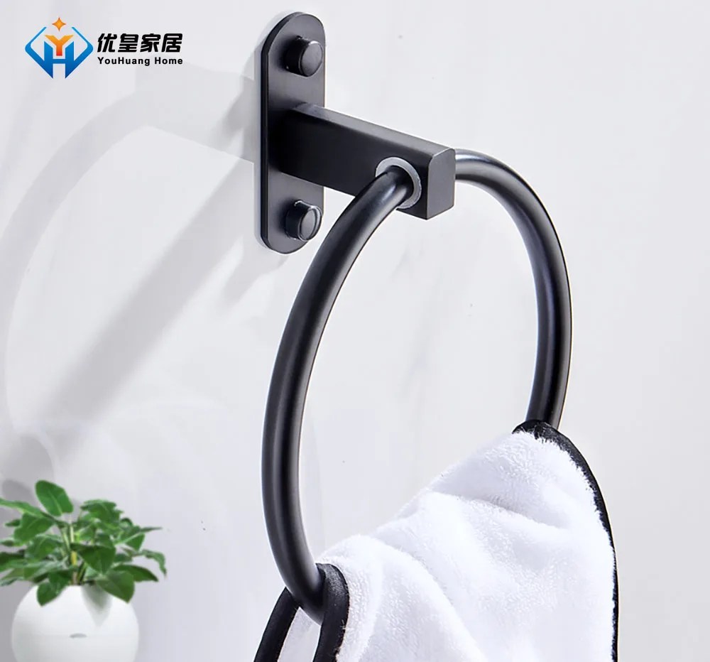 

Punch-Free Bathroom Accessories Black Space Aluminum Round wWall Hanging Ring Towel Holder