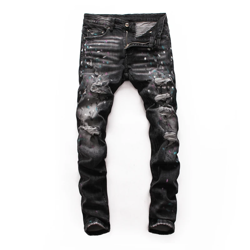 High Street Fashion Men Jeans Slim Fit Destroyed Paint Printed Designer Ripped Jeans Men Top Quality Elastic Hip Hop Jeans Homme High Street Fashion Men Jeans Slim Fit Destroyed Paint Printed Designer Ripped Jeans Men Top Quality Elastic Hip Hop Jeans Homme
