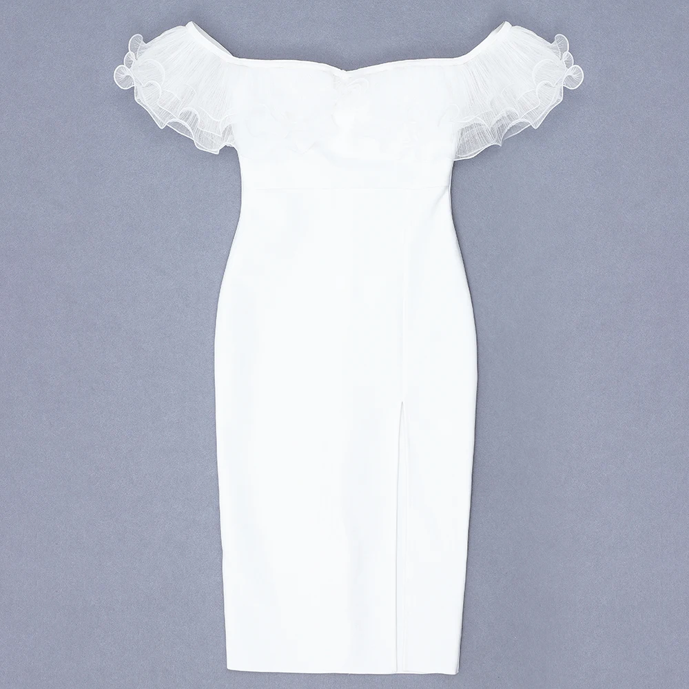 Elegant Women Bandage Dress Autumn Off Shoulder Black White Celebrity Evening Party Dresses Vestidos Ruffles Midi Bodycon Dress