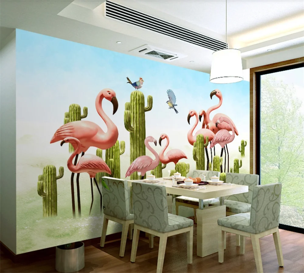 Custom 3D wallpaper mural Nordic small fresh 3D three-dimensional cactus flamingo background wall painting