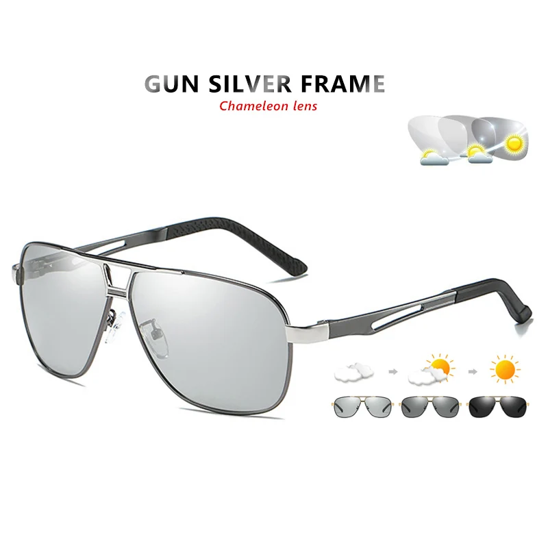 Квадратные фотохромные поляризованные солнцезащитные очки для мужчин и женщин, очки для вождения, хамелеон, день, ночное видение, очки для водителя, gafas oculos de sol - Цвет линз: Gun silver frame