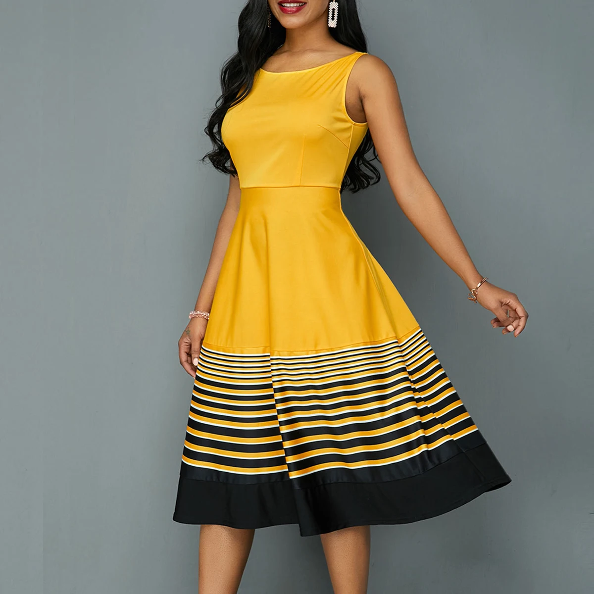Летнее женское платье, повседневное, размера плюс, тонкое, в полоску, бальное платье, длинное, для вечеринок, винтажное, элегантное, сексуальное, без рукавов, жёлтое - Цвет: Цвет: желтый