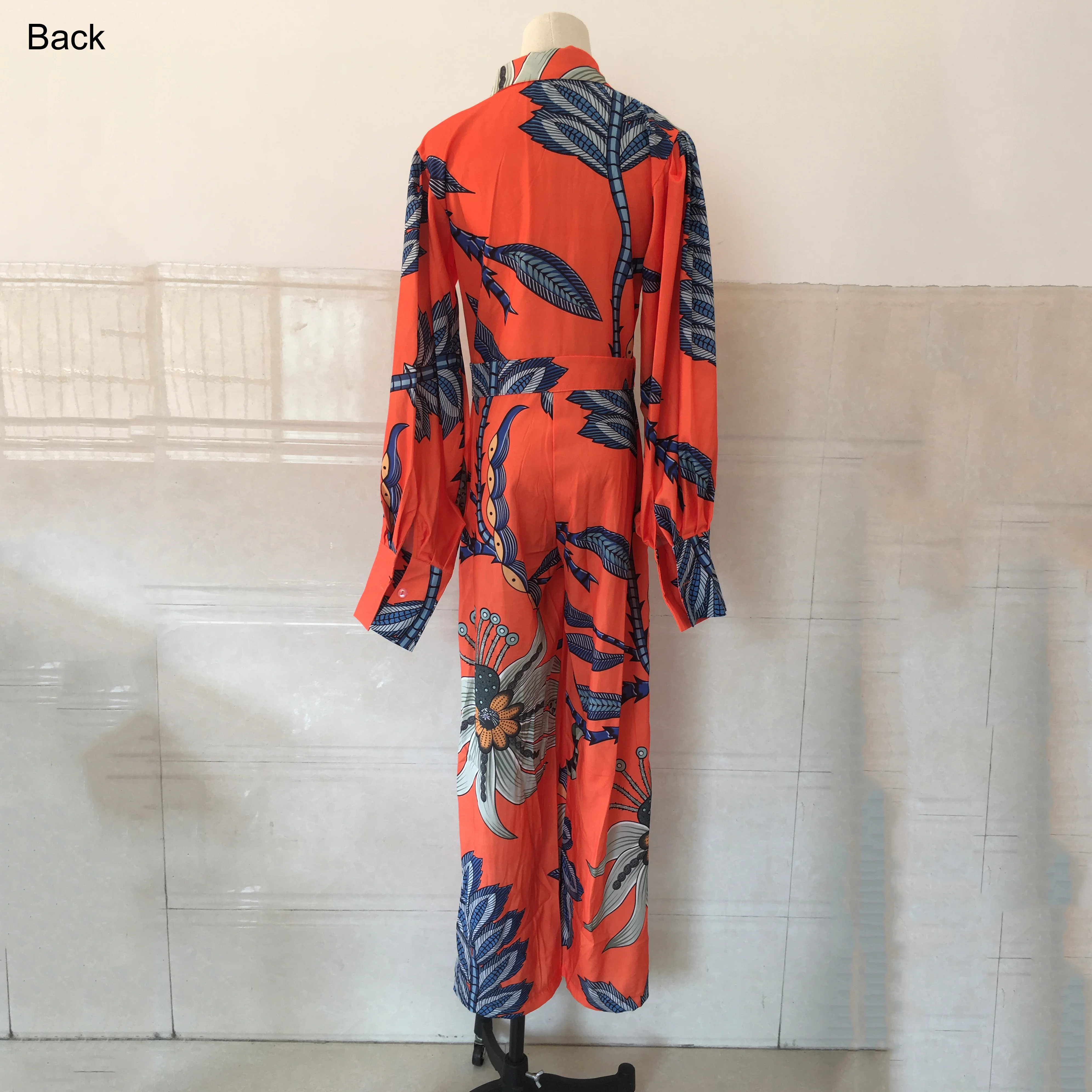 New Autumn Jumpsuits for Women's Orange Printed High Waisted Lantern Sleeve Fashion Elegant High Street Wear Long Rompers Cloth 4