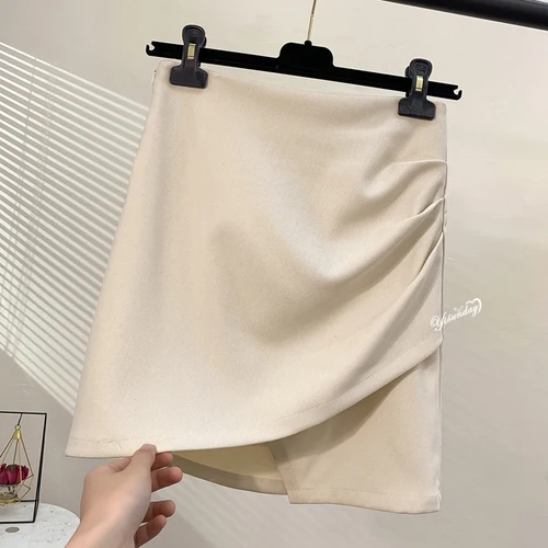 Apricot Women Skirt Autumn Irregular High Waistband Skirts Wrinkled Character Skirt Solid - Color: Apricot