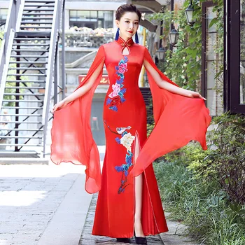 

Novelty Chinese Style Cloak Sleeve Women Dress Sexy Hollow Out Fishtail Qipao Classic Red Flower Prom Gown Retro Robe De Soiree
