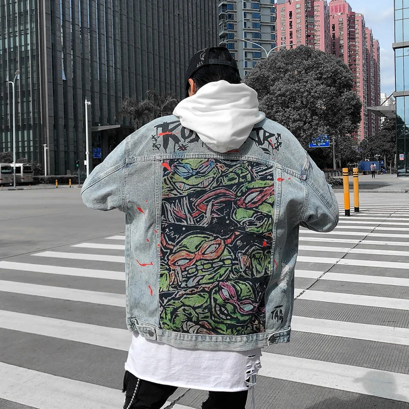 Новая джинсовая куртка с отворотом в стиле ретро, Мужская Уличная Свободная джинсовая куртка с принтом граффити, куртка в стиле хип-хоп Harajuku, куртка-бомбер