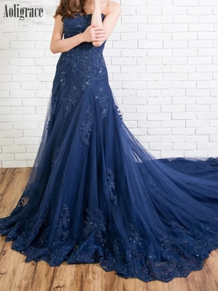 

2020 Elegant Lace Prom Dresses Strapless Appliques Sweep Train Formal Party Evening Gowns Special Occasion Dresses Chic Vestidos