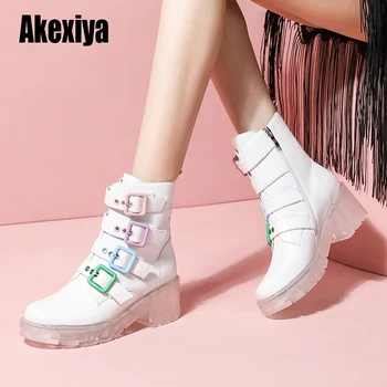 

Genuine Leather 2020 Round Toe Ankle Boots For Women Motorcycle Boots fashion Platform Comfortable Boots Rainbow colors Boots
