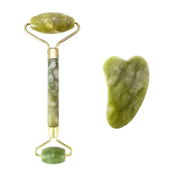 

2 in 1 Natural Jade Face Massager Roller and Green Stones Massage Roller Therapy Massage Scraper Tool for Face Neck Jawline