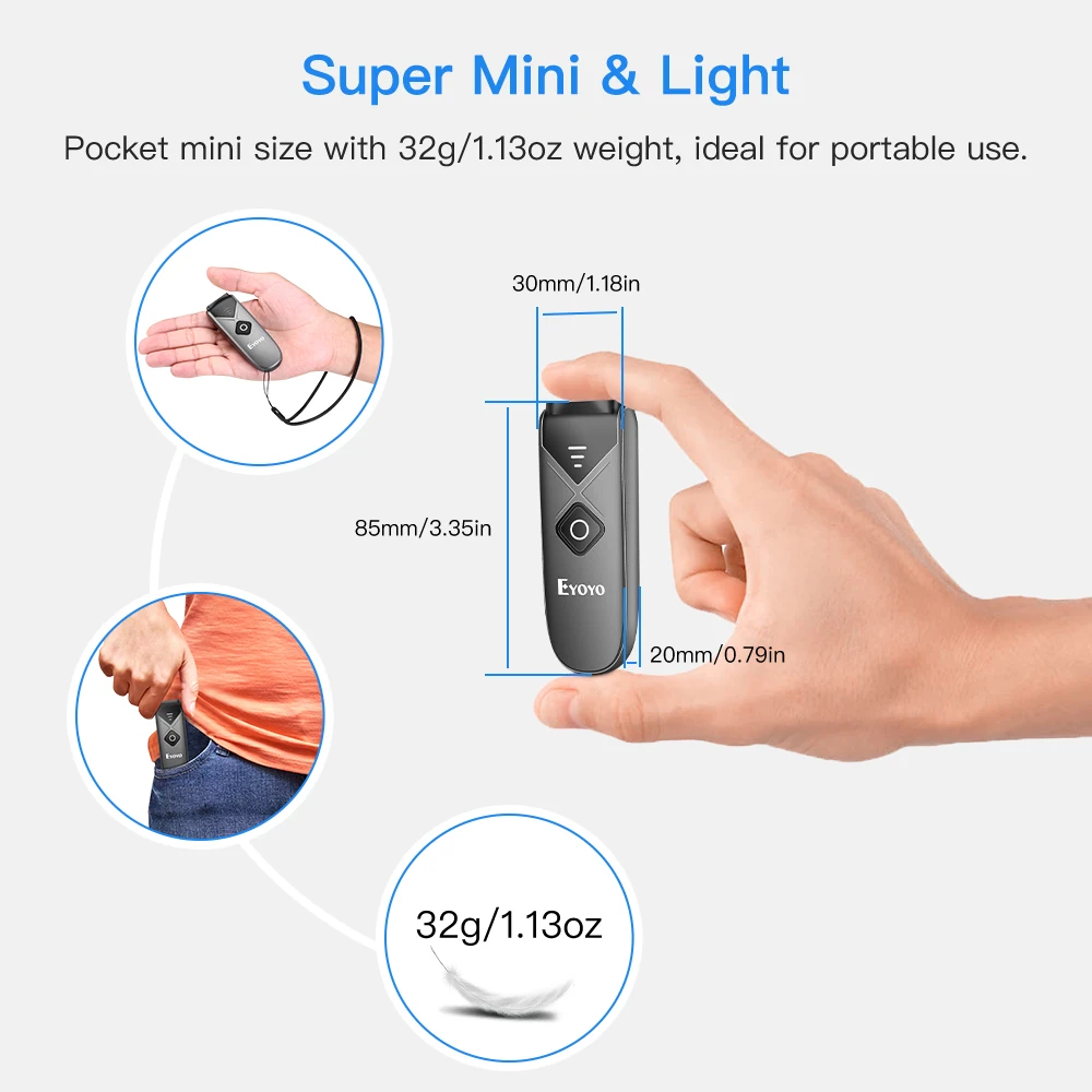 Eyoyo EY-015 Mini Barcode Scanner USB Wired 2.4G Wireless 1D 2D QR PDF417 Bar code for iPad iPhone Android Tablets PC