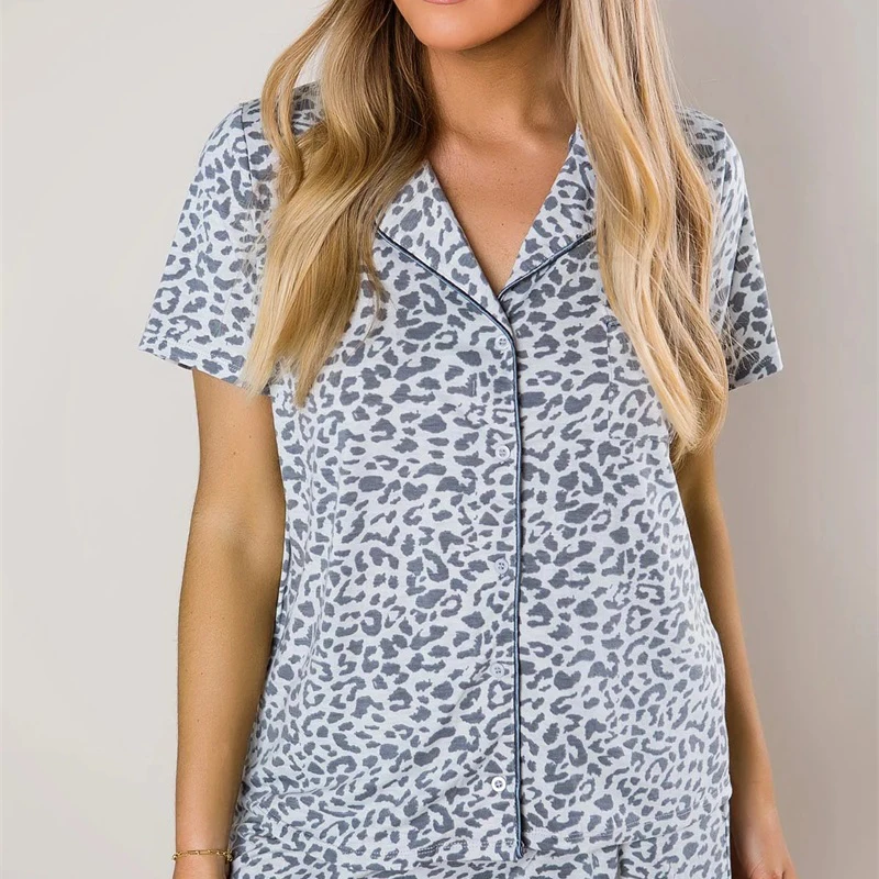 

Blue Flower Print Casual 2 Piece Set Turn Down Collar Short Sleeve Button Woman T-shirt White Elastice Lace up Summer Shorts