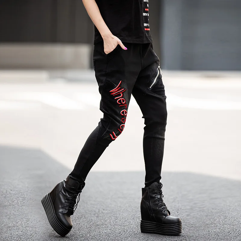 pencil jeans for women High waist Elastic cotton trousers thin casual pants with letter embroidery Vintage Trend pants Z3