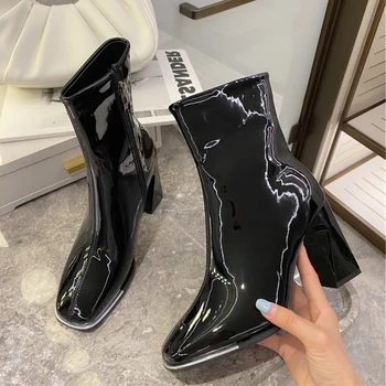 

INS 2020 Luxury Women Square Toe Block High Heels Ankle Boots Designer Patent Leather Boots Lady Warm Fur Zippers Boots Shoes