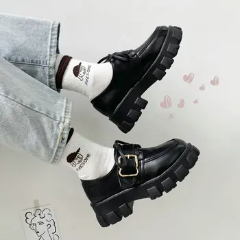 

Spring new brand Women Flat Platform black leather sneakers girls Buckle Strap shoes fashion lace up shoes B63-39 CBJD