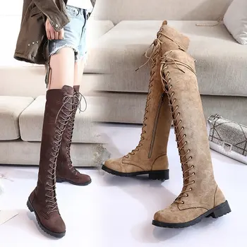 

PZMYCS 2019 autumn new lace up round head paint thigh high boots long boots women's boots foreign trade large size women's shoes