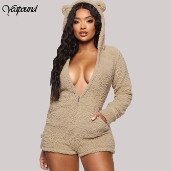 

Zipper Playsuit Women Winter Fall Soft Cute Long Sleeve Short Jumpsuit Sweety Lovely Hooded Lamb Wool Jumpsuit