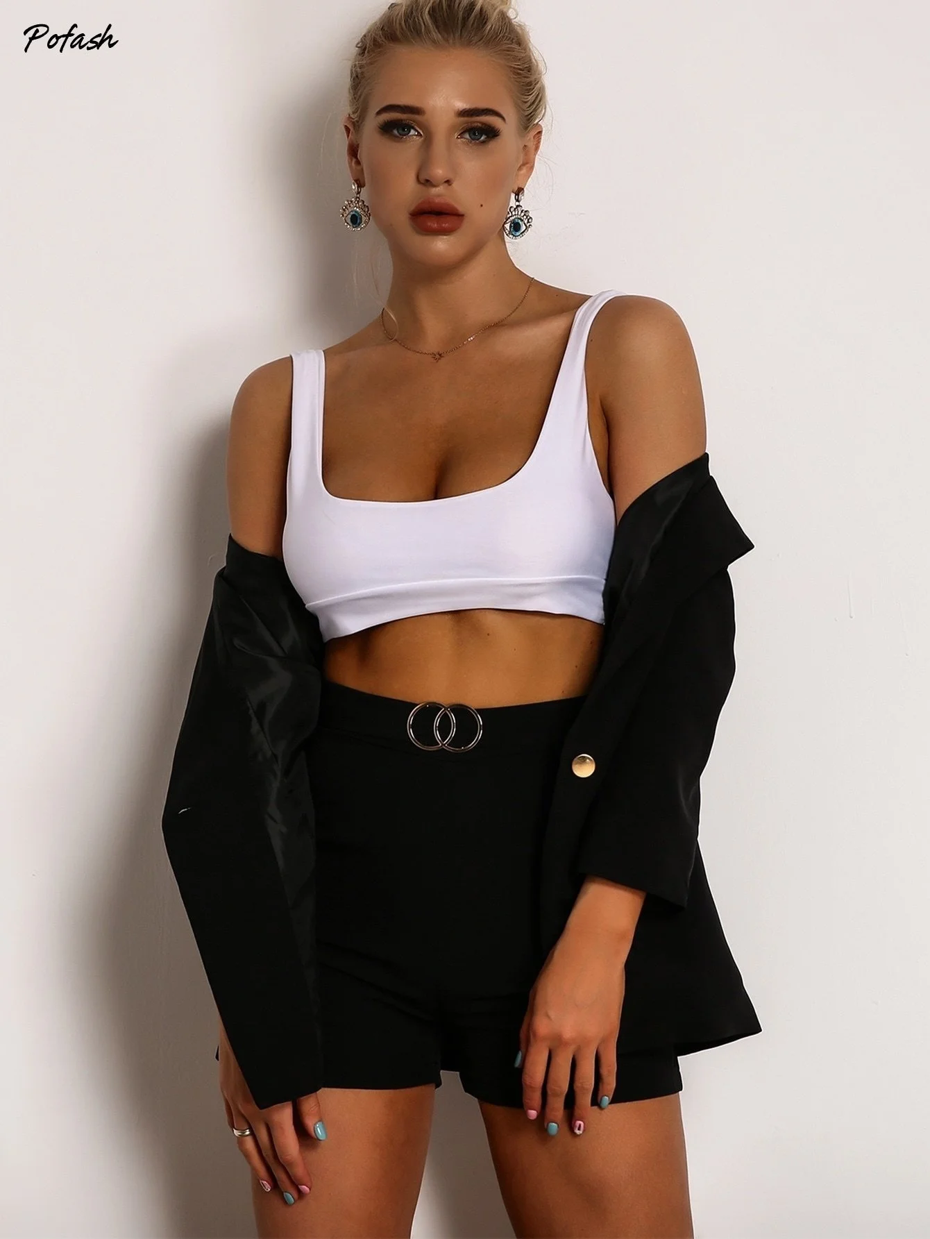 Joyfunear Single Button Blazer & Ring Detail Short Set Joyfunear Single Button Blazer & Ring Detail Short Set