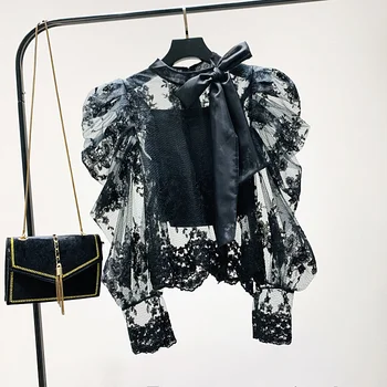 

Autumn 2019 New Korean Fashion Thin Long Sleeve Lace Blouse Women Black Long Sleeve Top Women Shirts Sexy Elegant Women Blouse