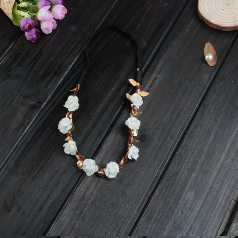 WHITE Cute Kids Hair Accessories Gold Leaves Flower Headband Girls Elastic Crown Garland Wreath Hairband - Цвет: WHITE