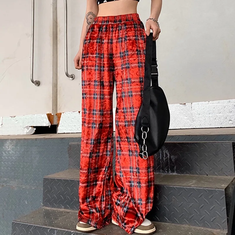 

2020 Wide Leg Pants Women Summer Pants for Women New Elastic High Waist Trousers Women Straight Velvet Plaid Pants