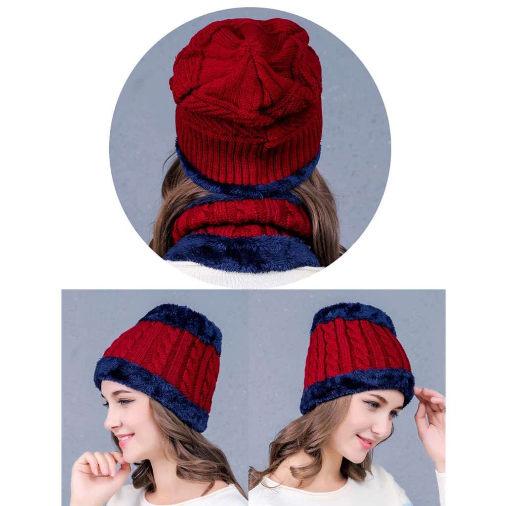 2PCS Men's Women's 2 Sided Beanie Winter Warm Knit Ski Knitted Scarf Hat Windproof Couple Hat Slouchy Hats with Pom Scarves