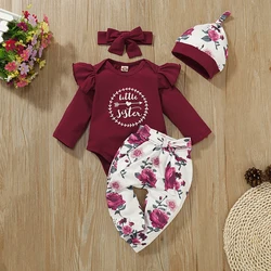 Vêtements pour bébés filles, 4 pièces, haut à volants, manches longues, lettres imprimées, pantalons à fleurs, vêtements pour tout petits 