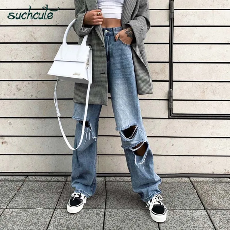 SUCHCUTE Hole Jeans Women Wide Leg Denim Pants Plus Size Punk Korean Style Trouser Casual Korean Style Harajuku Female Joggers - Цвет: Blue jeans